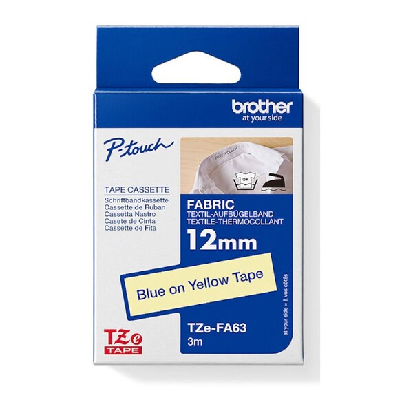 Brother TZe-FA63 Blue on Yellow Fabric Iron-On Label Tape – 12mm x 3m for Clothes, Uniforms & Crafts