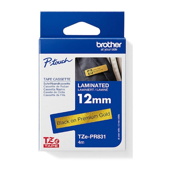 Brother TZePR831 Premium Label Tape - Black Print on Satin Gold, 12mm Wide, Luxury Laminated Labels