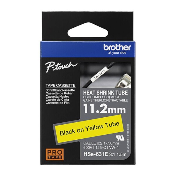 Brother HSe631E Heat Shrink Labelling Tube - 11.7mm Black on Yellow (1.5m)