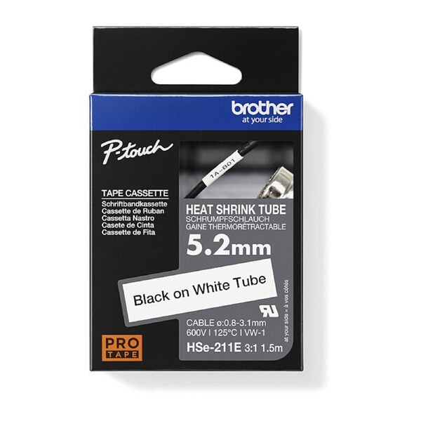 Brother HSe-211E Genuine Heat Shrink Tube Labelling Tape - Black on White, 5.8mm x 1.5m