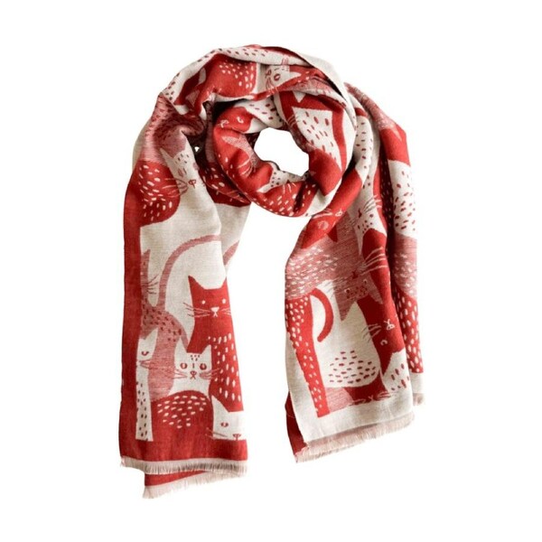 Urban Products Moggy Cat Scarf Red Lightweight Fabric Fringed Edges 180cm