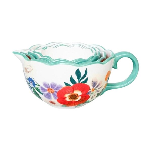 4pc Urban Products Posie Measuring Cups White Ceramic Floral Design 7cm