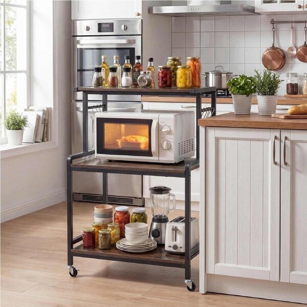 Giantex 3-Tier Kitchen Rolling Cart Microwave Stand Utility Storage Shelves on Lockable Wheels Small Coffee Bar Table Baker’s Rack Organizer