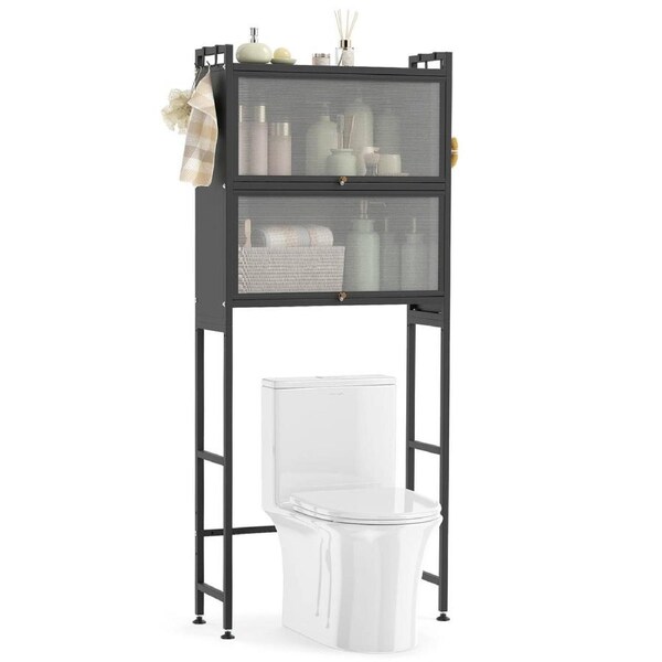 Giantex 166cm Over-the-Toilet Bathroom Storage Cabinet w/2 Flip-Up See-Through Fluted Doors 4 Hooks Adjustable Bottom Bar Sturdy Metal Frame