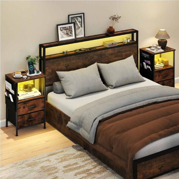 Giantex Set of 2 Rustic Brown End Tables w/Charging Station Nightstands Featuring Customizable LED Lights Narrow Bedside & Couch Tables