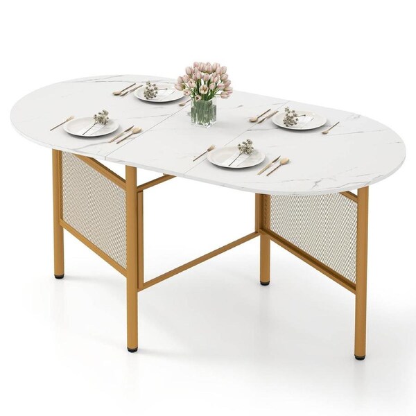 Giantex 150cm Folding Oval Dining Table for 6-8 People Drop Leaf Space-Saving Kitchen Table w/Marble-Finished Top Modern Foldable Writing Console Desk