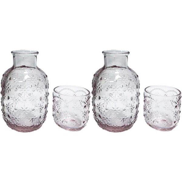 2x 2pc Urban Products Mari Floral Embossed Pattern Carafe Pink Glass Set 19cm