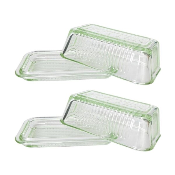 2x Urban Products Mari Green Glass Butter Dish W/ Lid & Ribbed Base 17cm