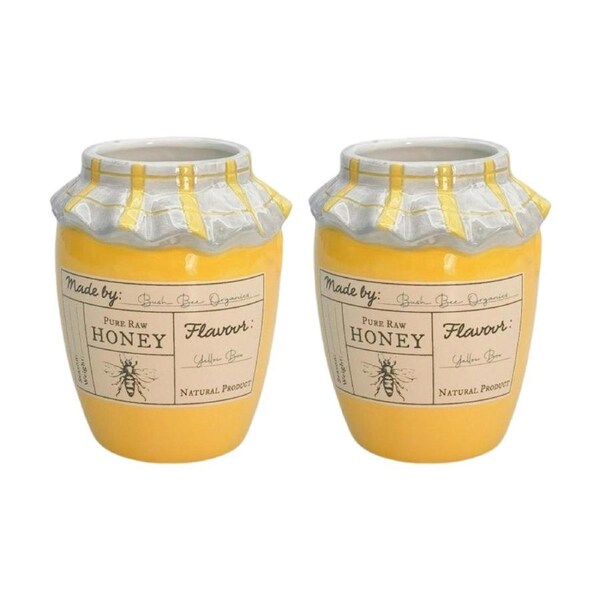 2x Urban Products Honey Pot Vessel Yellow Ceramic Decorative Jar 11cm