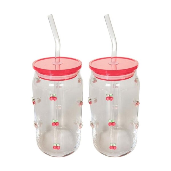 2x Urban Products Kaya Red Cherry Glass Can Drinkware W/ Straw 14cm
