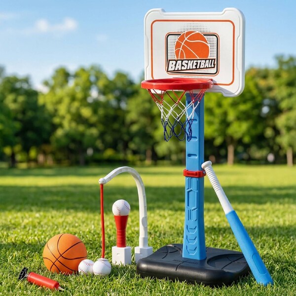 2 In 1 Keezi Kids Basketball Hoop Stand Baseball Set Adjustable Height Sports Center Toys Blue