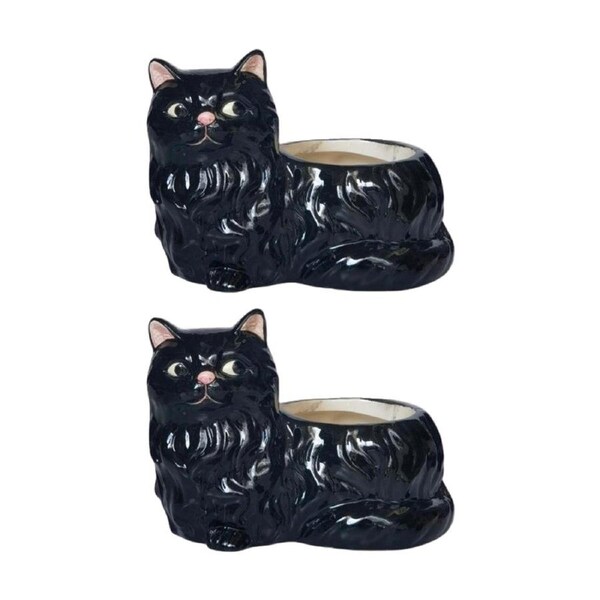 2x Urban Products Winston Cat Planter Black Decorative Ceramic Pot 15cm