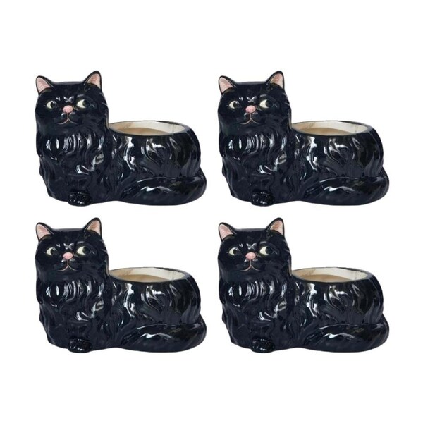 4x Urban Products Winston Cat Planter Black Decorative Ceramic Pot 15cm