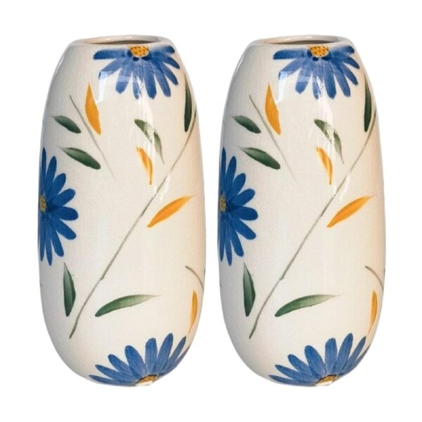 2x Urban Products Maxine Floral Vase Blue/Green Hand-Painted Ceramic 20cm