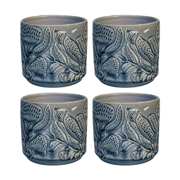 4x Urban Products Corindi Planter Blue Ceramic Pot Embossed Leaf Design 14cm