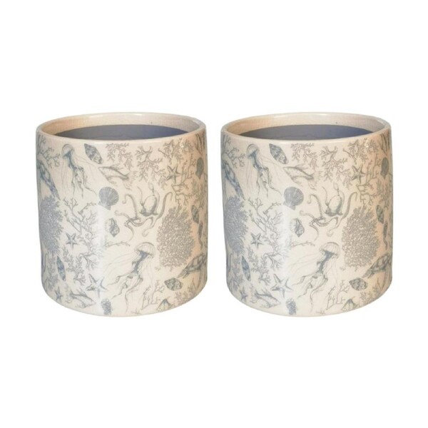 2x Urban Products Sea Toile Planter Blue Ceramic Decorative Pot 14cm