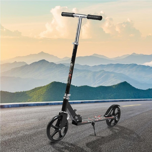 Monvelo Push Scooter for 7+ Kids Max 100kg Foldable 2 Big Wheels Adjustable Black