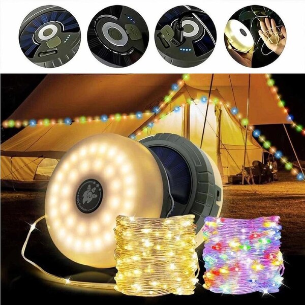 Extractable 10m Solar LED Camping String Lights Tent Garden Warm & Coloured