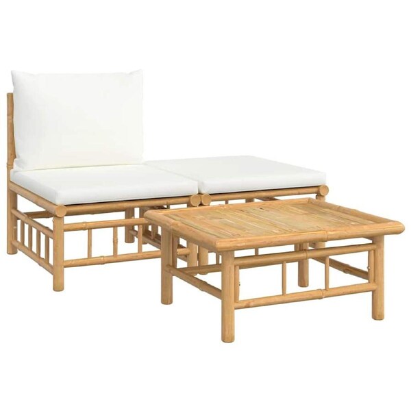 3 Piece Garden Lounge Set with Cream White Cushions Bamboo vidaXL