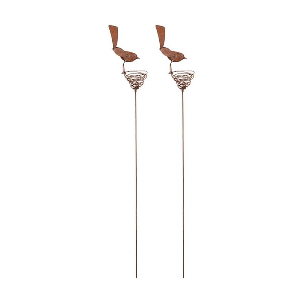 2PK Pre-Rusted Metal Garden Lawn Wren On Nest Stake Ornament Brown