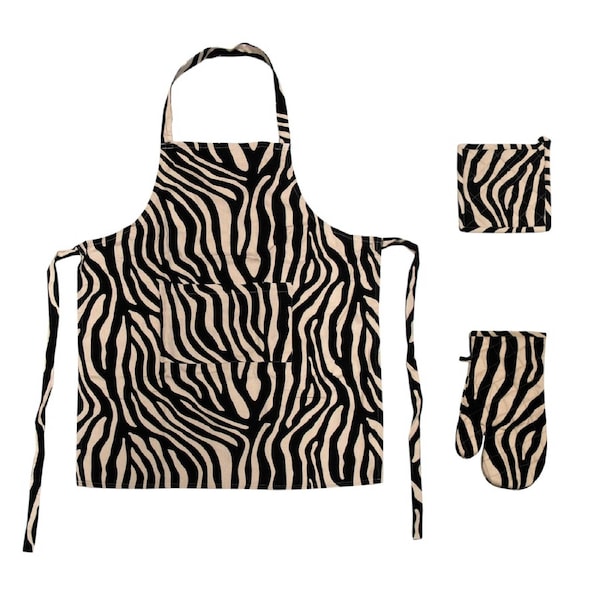 Zebra Stripes Print Cotton Kitchen Set - 3 Pieces Apron, Glove, Pot Holder