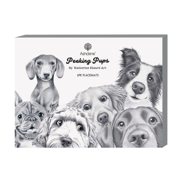 6pc Ashdene Peeking Pups Placemat Set Dog Puppy Kitchen Linen Animal Art
