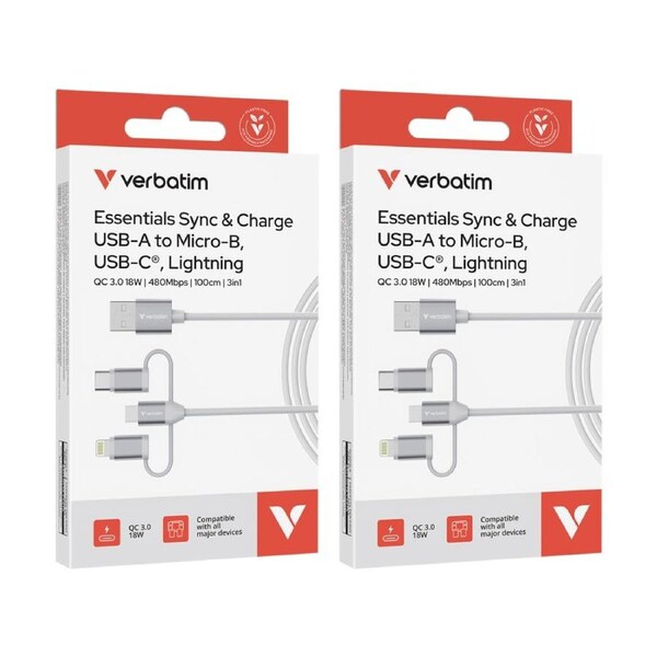 2PK Verbatim Essential 3-in-1 Sync & Charge Cable USB-A to Micro-B USB-C White