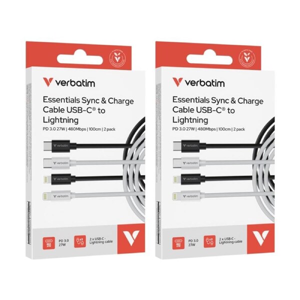 2x 2pc Verbatim Essential Cable USB-C to Lightning MFi 1m Black/White