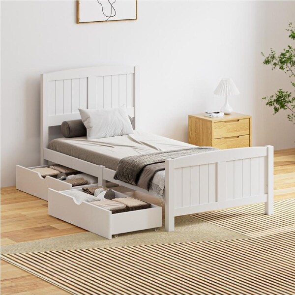 Oikiture Wooden Bed Frame Quenn Double King Single Base with Drawers White META Single With Drawers