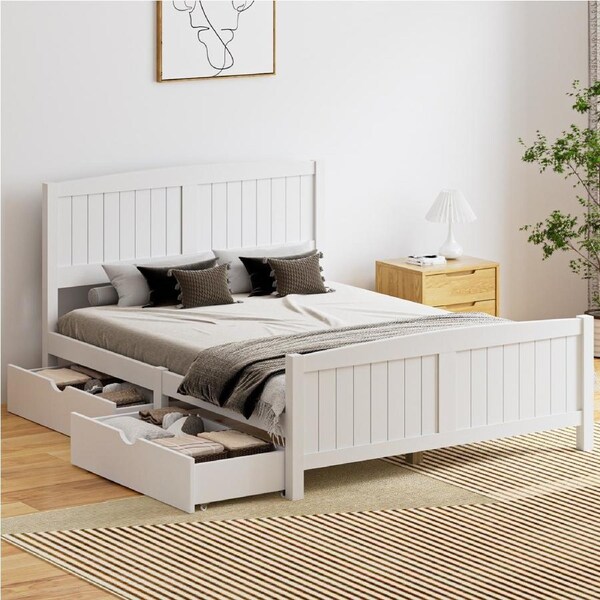Oikiture Wooden Bed Frame Quenn Double King Single Base with Drawers White META Double With Drawers