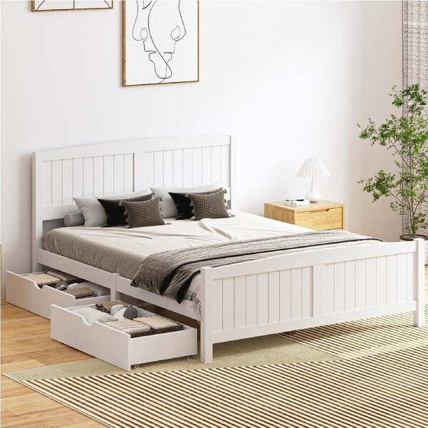 Oikiture Wooden Bed Frame Quenn Double King Single Base with Drawers White META Queen With Drawers