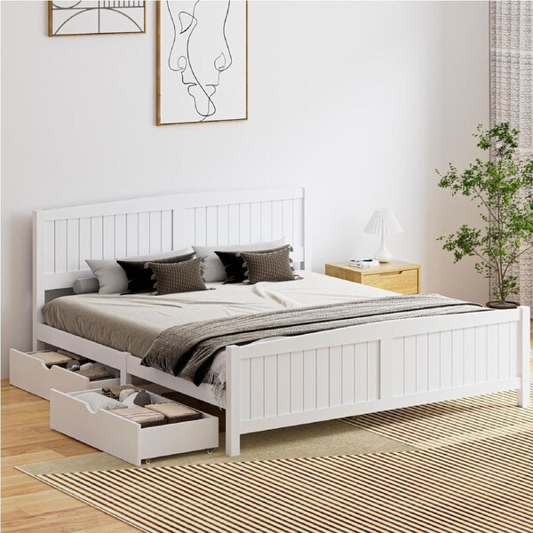 Oikiture Wooden Bed Frame Quenn Double King Single Base with Drawers White META King With Drawers