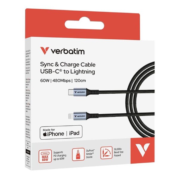 Verbatim Sync & Charge USB-C to Lightning Cable MFi Phone Charging 1.2m Black