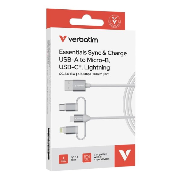Verbatim Essential 3-in-1 Sync & Charge Cable USB-A to Micro-B USB-C White