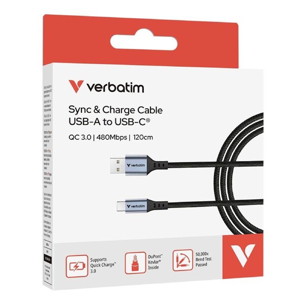 Verbatim Sync & Charge USB-A to USB-C Cable Fast Charging 1.2m Black