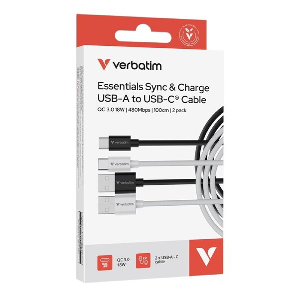 2pc Verbatim Essential Cable USB-A to USB-C Phone Charging 1m Black/White