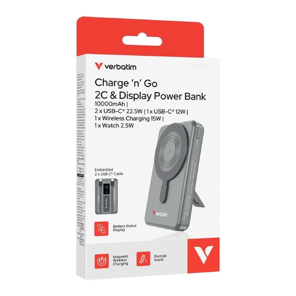 Verbatim Power Bank Magnetic Wireless W/ Dual USB-C Cables 10000mAh Grey