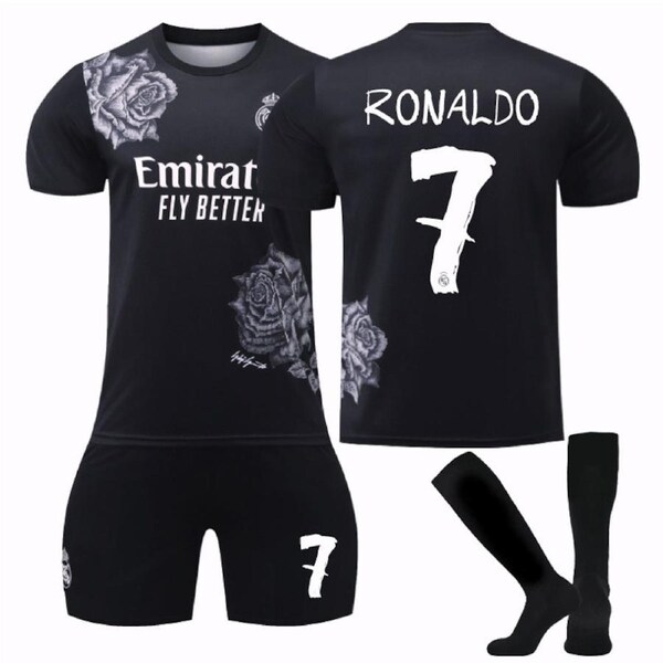 Nevenka RONALDO #7 Real Madrid CF Y3 Black Soccer Jersey Kit Football T-shirt Set for Adult Kids 18