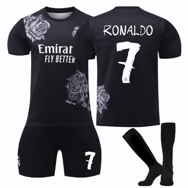 Nevenka RONALDO #7 Real Madrid CF Y3 Black Soccer Jersey Kit Football T-shirt Set for Adult Kids S