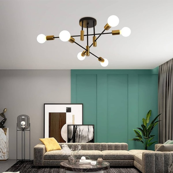 Mid Century Modern Sputnik Chandelier, 6-Light, Black & Gold, 62cm x 29cm