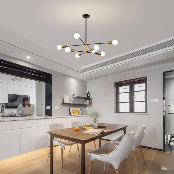 Modern 8-Light Sputnik Chandelier, Adjustable Black & Gold, 85cm H x 54cm W