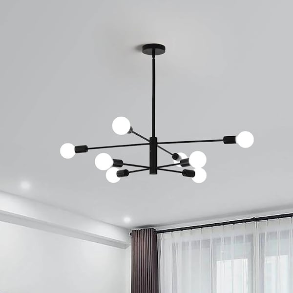 Modern Sputnik Chandelier 8 Light Black, Adjustable 85cm Height, Luxurious Design