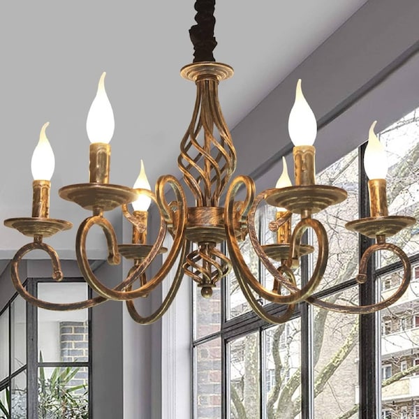 Rustic 6-Light Chandelier, French Country, Dimmable, Adjustable Height, 61x61x126 cm