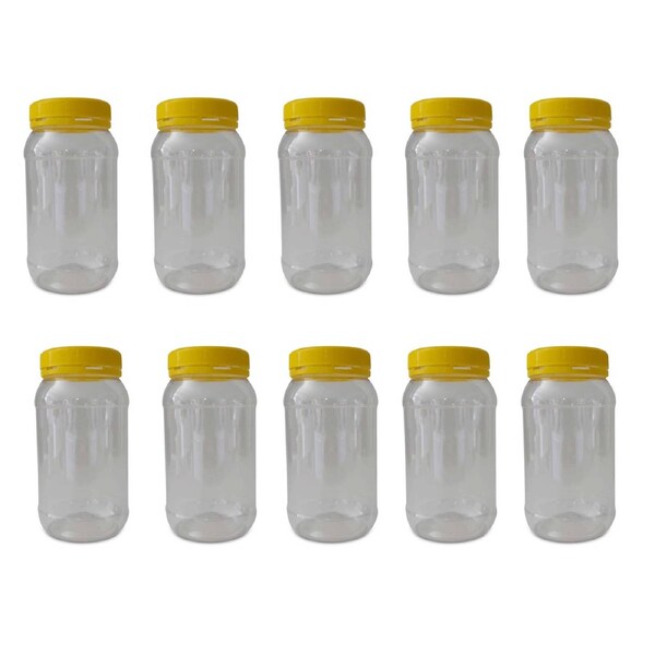 Clear Round Plastic Food Grade Jars 1000g with Yellow Tamper Evident Lids - 10 Pack