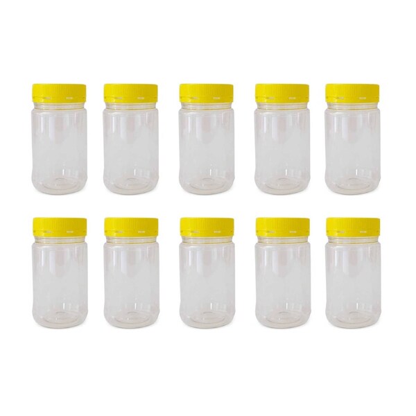500g Round Clear Plastic Food Grade Jars with Yellow Tamper Evident Lids - 10 Pack