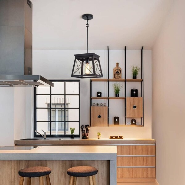 Farmhouse Pendant Light Rustic Lantern Chandelier Black 25x25x132cm E27 Socket