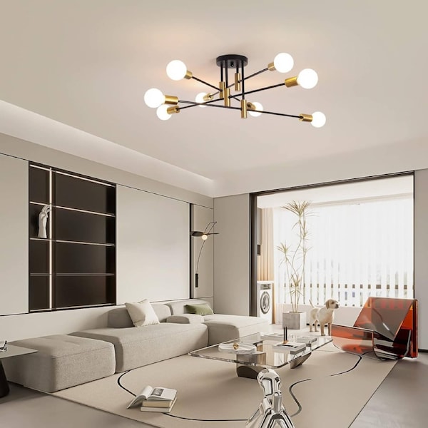 Modern Black Gold 8-Light Sputnik Chandelier, Adjustable Arms, 81 cm