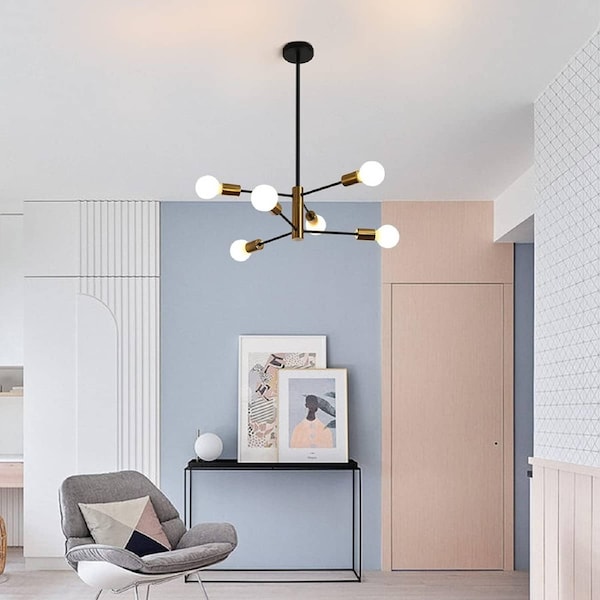 6-Light Sputnik Chandelier, Modern Industrial, Adjustable Height, Black & Gold, 33.5in/85cm