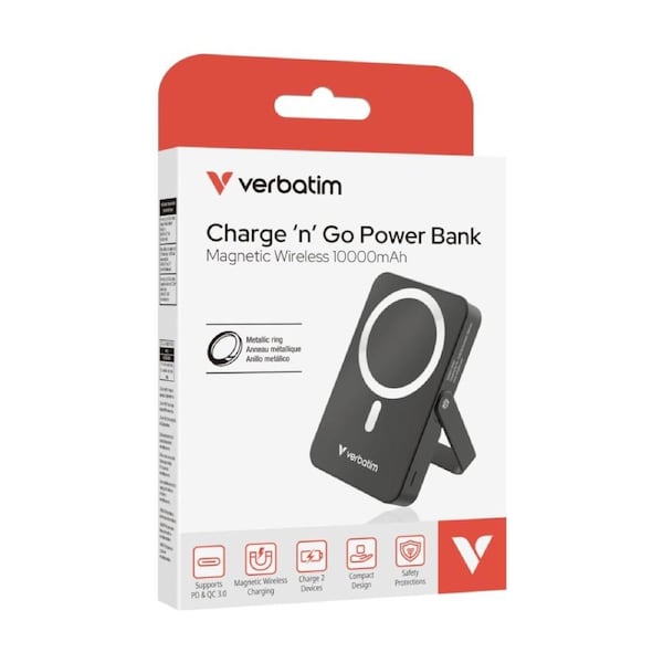 Verbatim Power Bank Magnetic Wireless Portable Charger W/ Stand 10000mAh Black