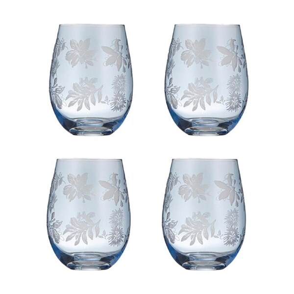 4pc Ladelle Mossman Etched Drinking Tumbler Glassware Set Drinkware Blue